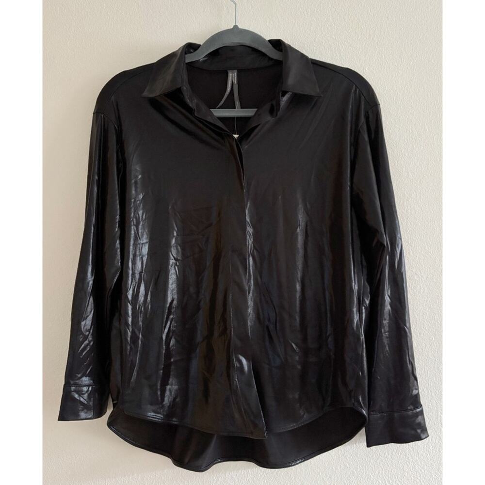 NWT Anthropologie Black Faux Leather Shine Button Down Blouse Small